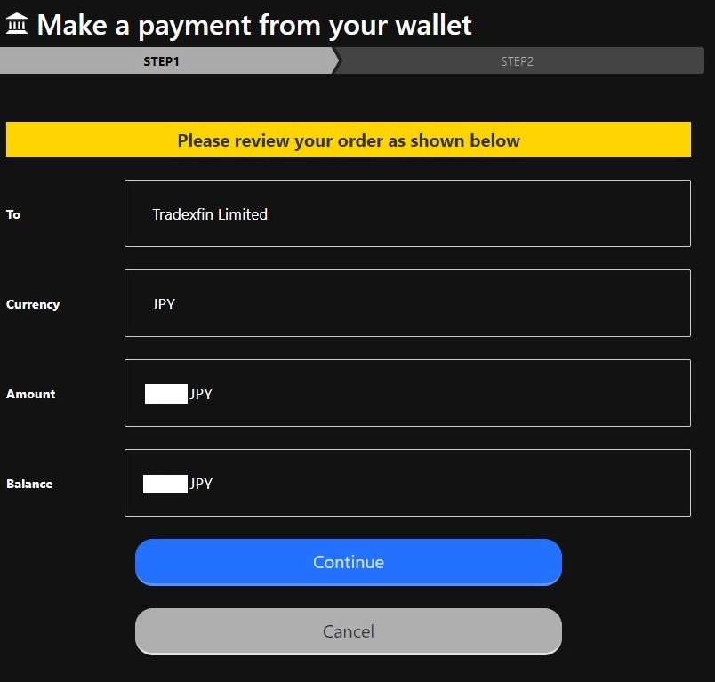 XMTradingのBXONE Wallet入金決済画面